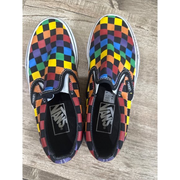 Vans Womens Rainbow Checkerboard Classic Slip On Shoes Sz 5 Multi Canvas Casual - Picture 1 of 5